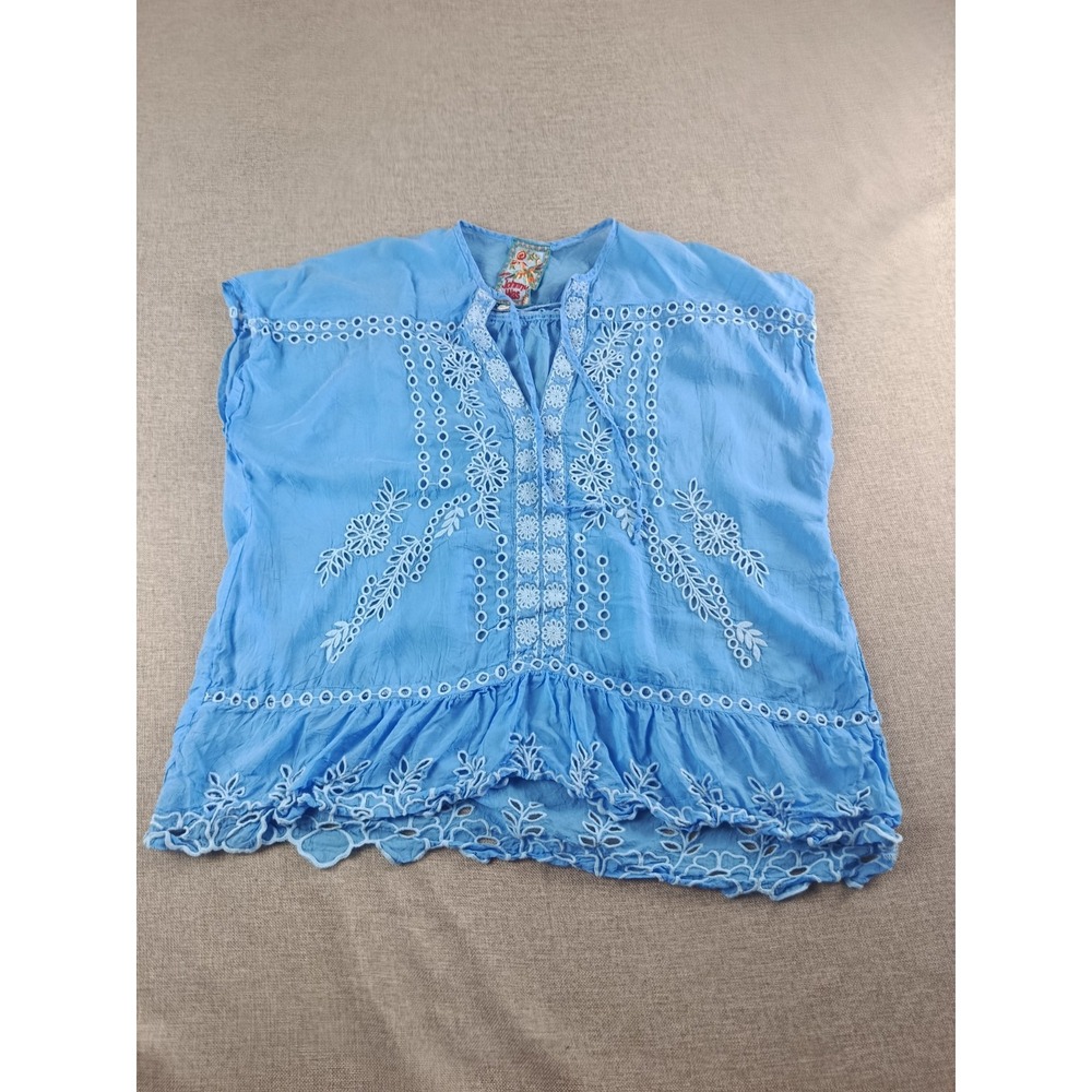Johnny Was Clemence Blouse Womens Xs Bleu Embroidered Flowy V Neck Cap Sleeve